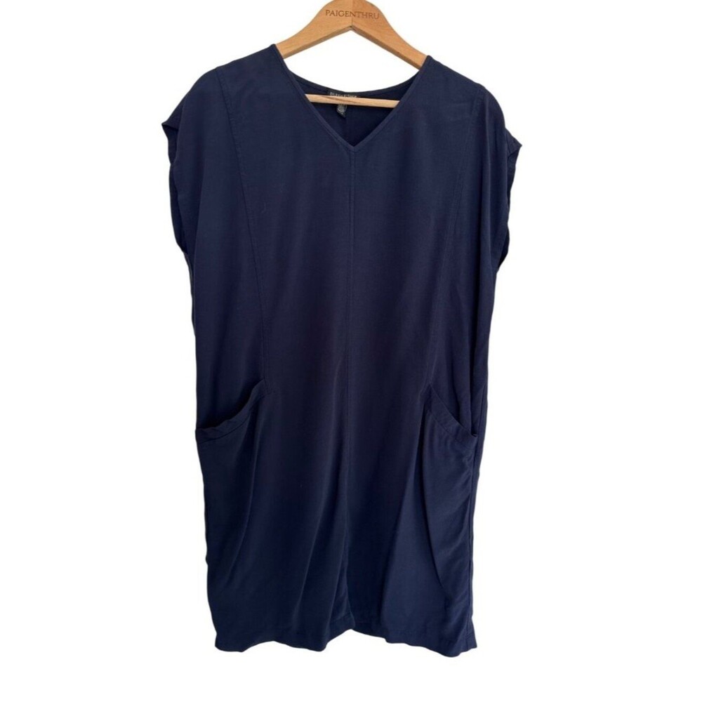 EILEEN FISHER Dress LG Stretch Tencel Tunic Navy V-Neck Cap Sleeve Pockets